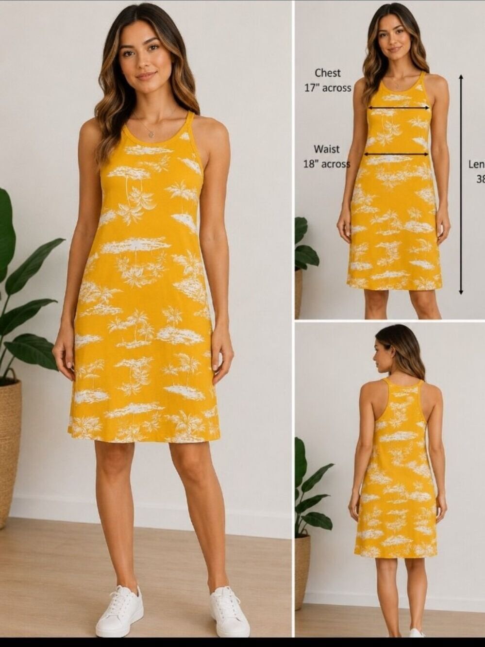 Old Navy Sleeveless  Knit Tank Sun Dress Yellow Palm Tree  Size Medium NWOT